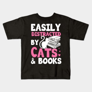 Easily Distracted By Cats And Books Gift Kids T-Shirt